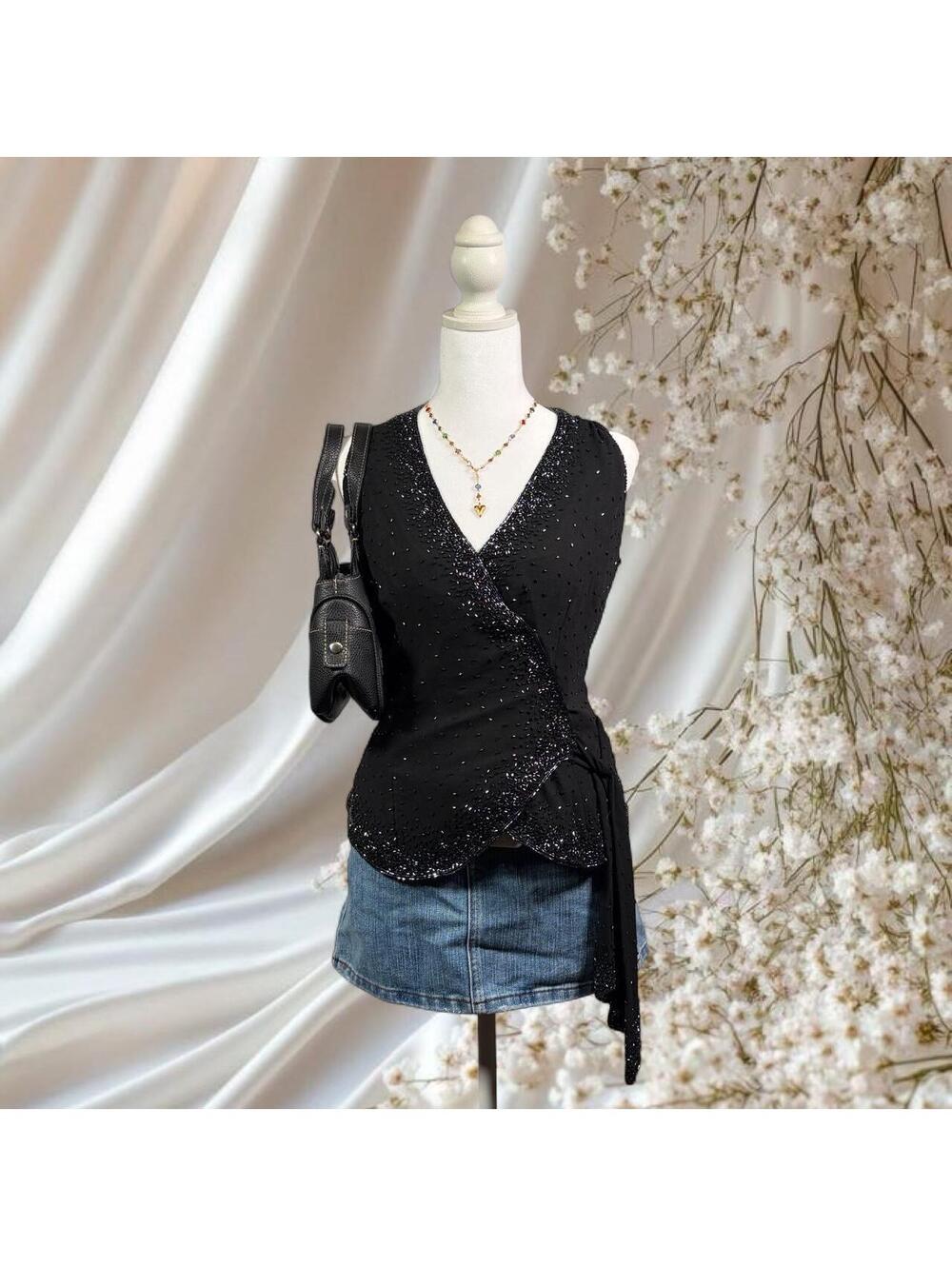 JKARA NEW YORK BEADED WRAP BLOUSE BLACK